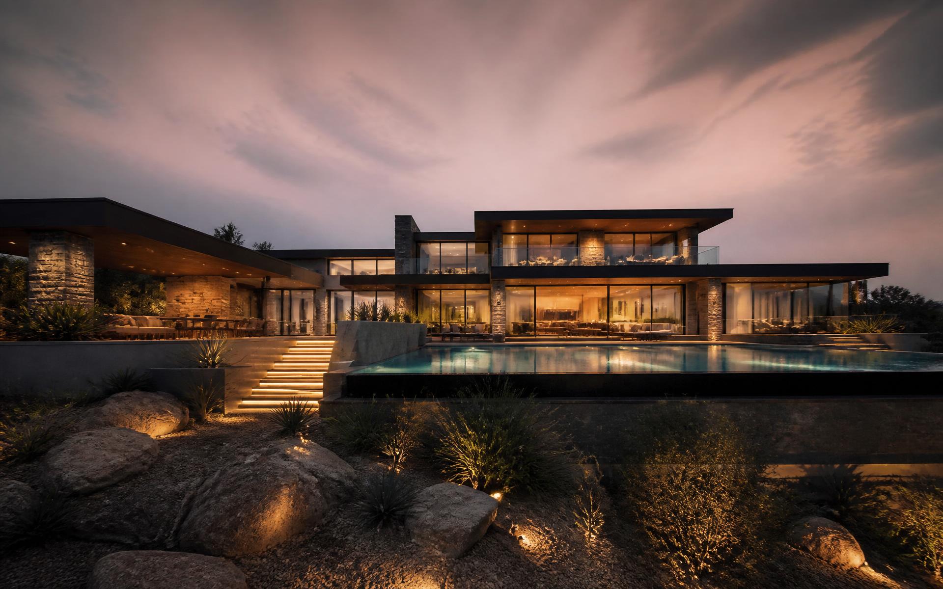 Luxury custom home at dusk